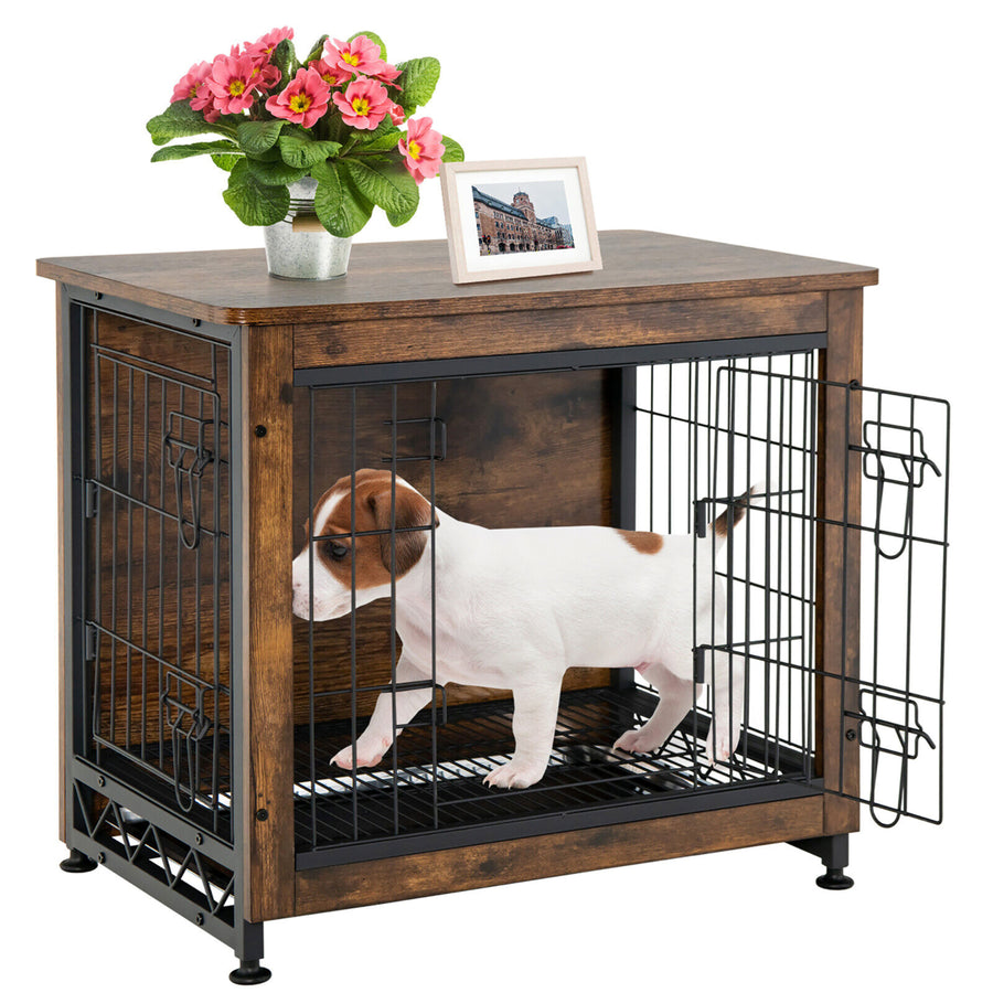 Wooden Dog Crate Furniture with Tray Double Door Dog Kennels End Table Image 1