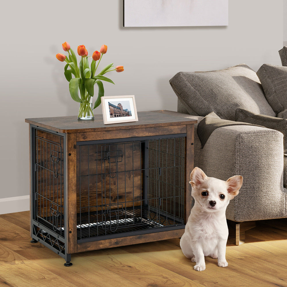 Wooden Dog Crate Furniture with Tray Double Door Dog Kennels End Table Image 2