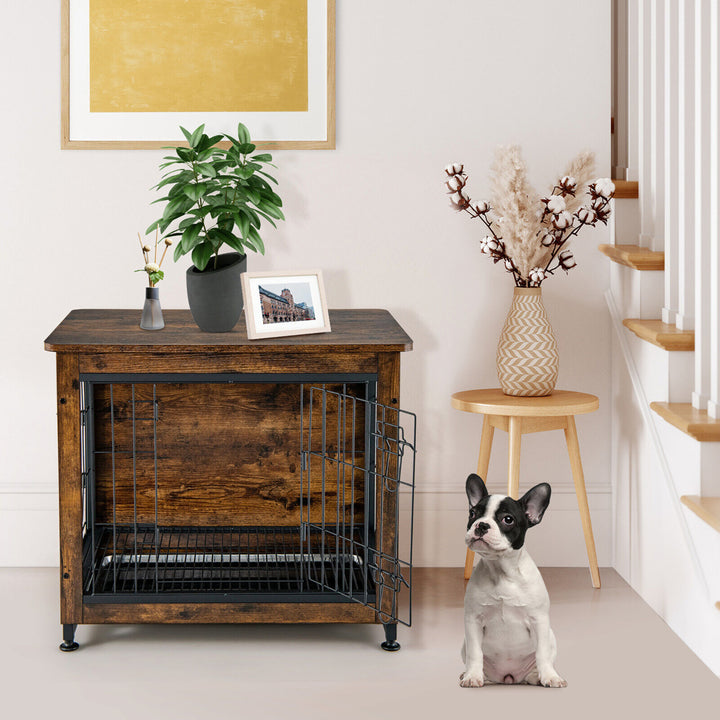 Wooden Dog Crate Furniture with Tray Double Door Dog Kennels End Table Image 3