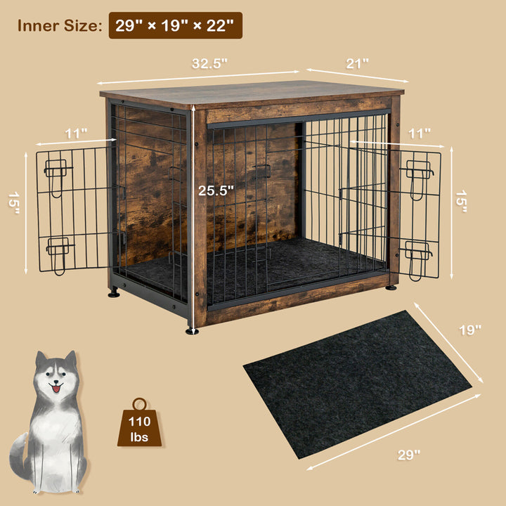 Wooden Dog Crate Furniture with Pad Bed Double Doors Dog Kennel End Table Image 9