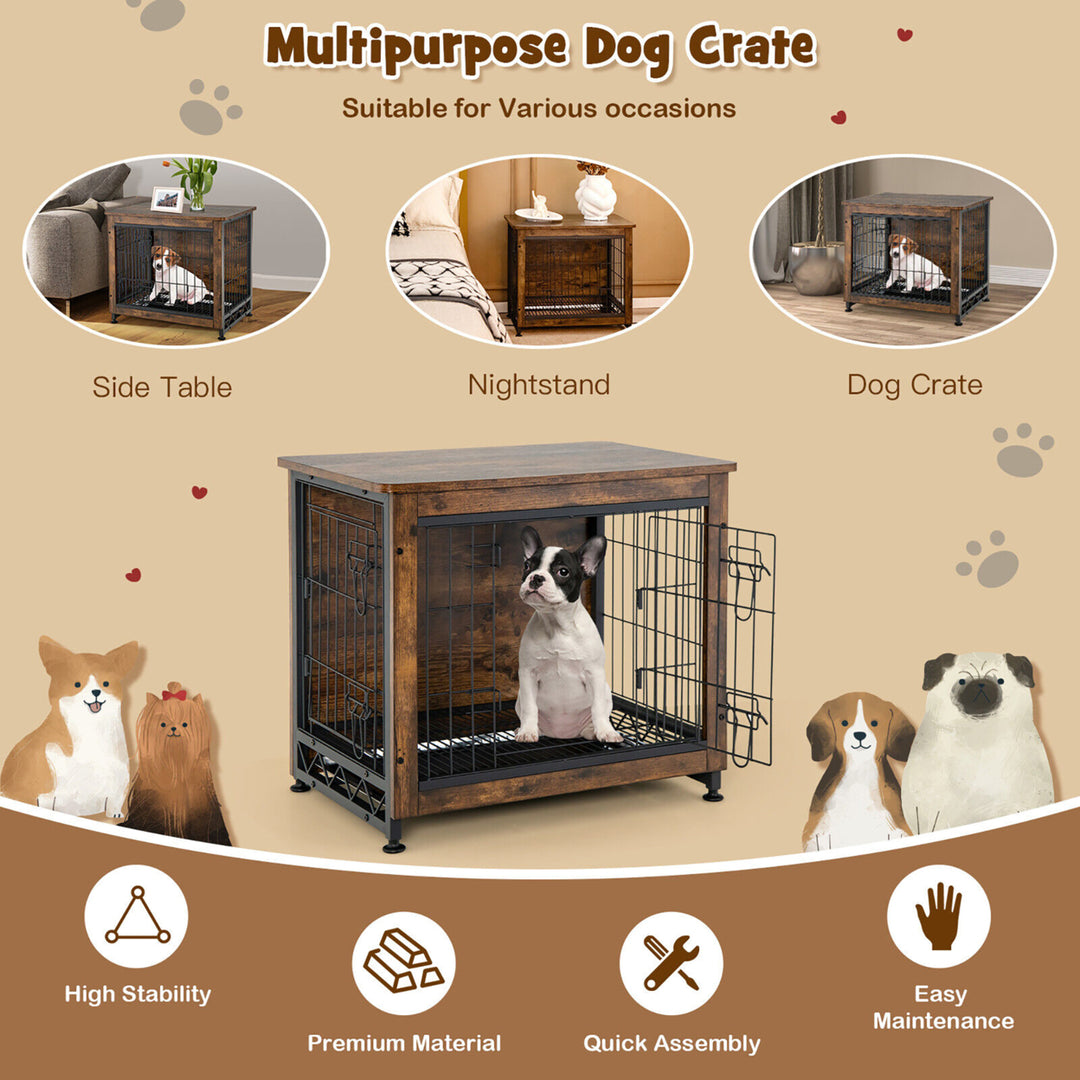 Wooden Dog Crate Furniture with Tray Double Door Dog Kennels End Table Image 5