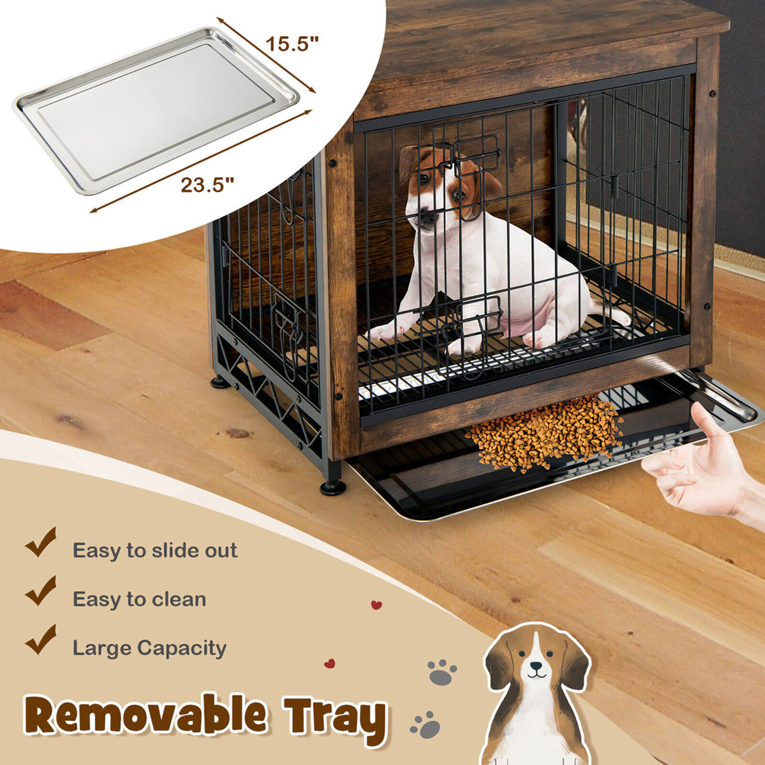 Wooden Dog Crate Furniture with Tray Double Door Dog Kennels End Table Image 7