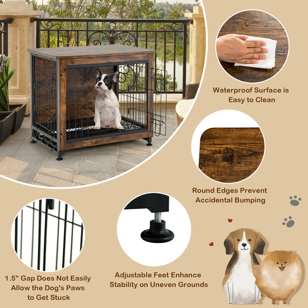 Wooden Dog Crate Furniture with Tray Double Door Dog Kennels End Table Image 8