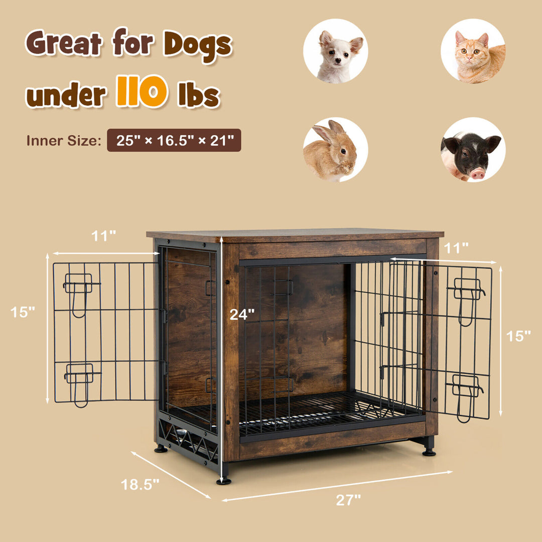 Wooden Dog Crate Furniture with Tray Double Door Dog Kennels End Table Image 9