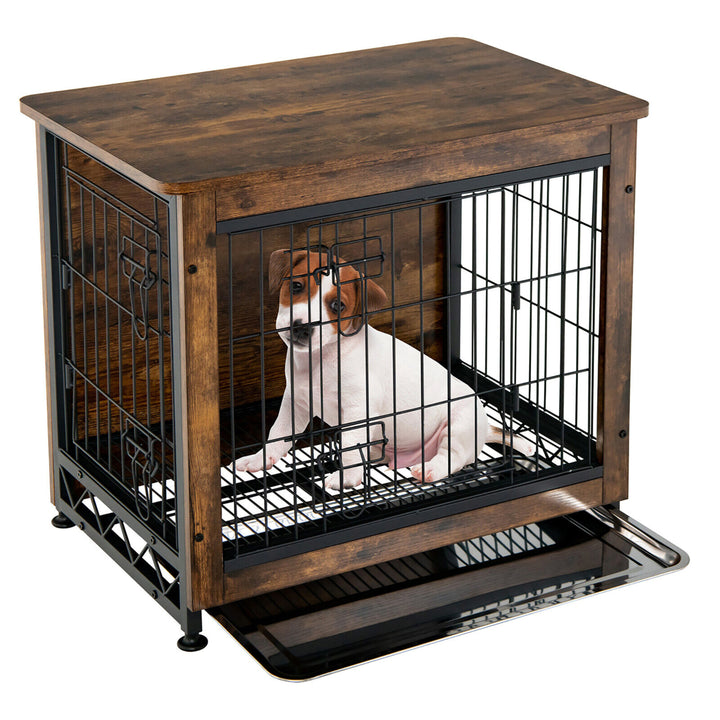 Wooden Dog Crate Furniture with Tray Double Door Dog Kennels End Table Image 10