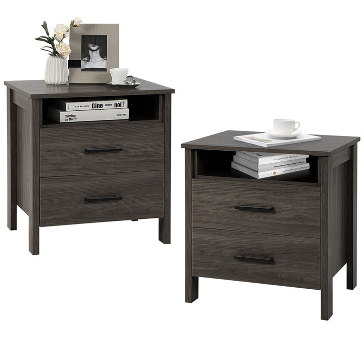 2PCS Nightstand End Table Sofa Bed Side Table w/ 2 Drawers Cable Hole Walnut Image 1