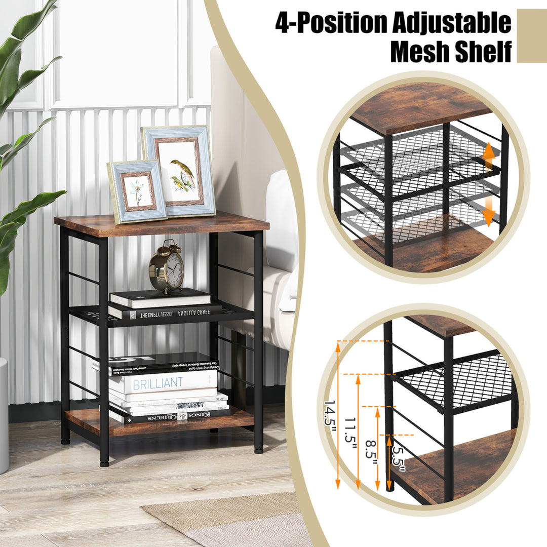 3-Tier Side Table Industrial End Table w/ Adjustable Height Metal Mesh Shelf Image 7