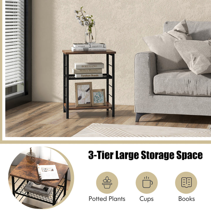 3-Tier Side Table Industrial End Table w/ Adjustable Height Metal Mesh Shelf Image 8