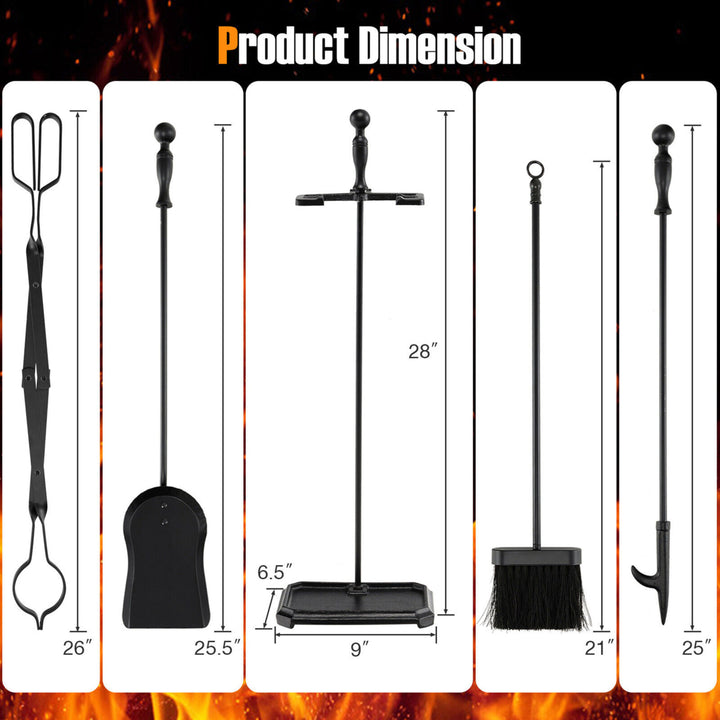 5 Piece Fireplace Tool Set Wrought Iron Indoor Fireplace Set and Holder Black Image 2