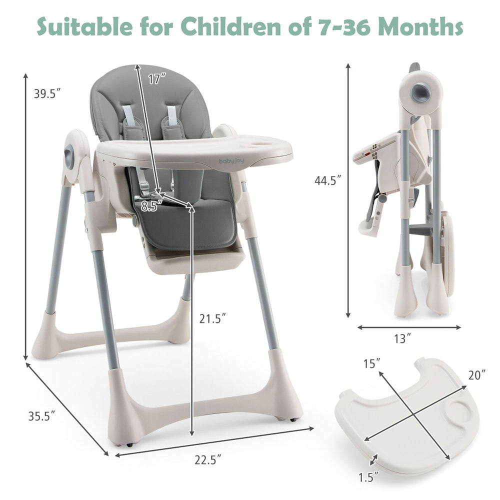 Baby High Chair Folding Baby Dining Chair w/ Adjustable Height and Footrest Gray Image 2