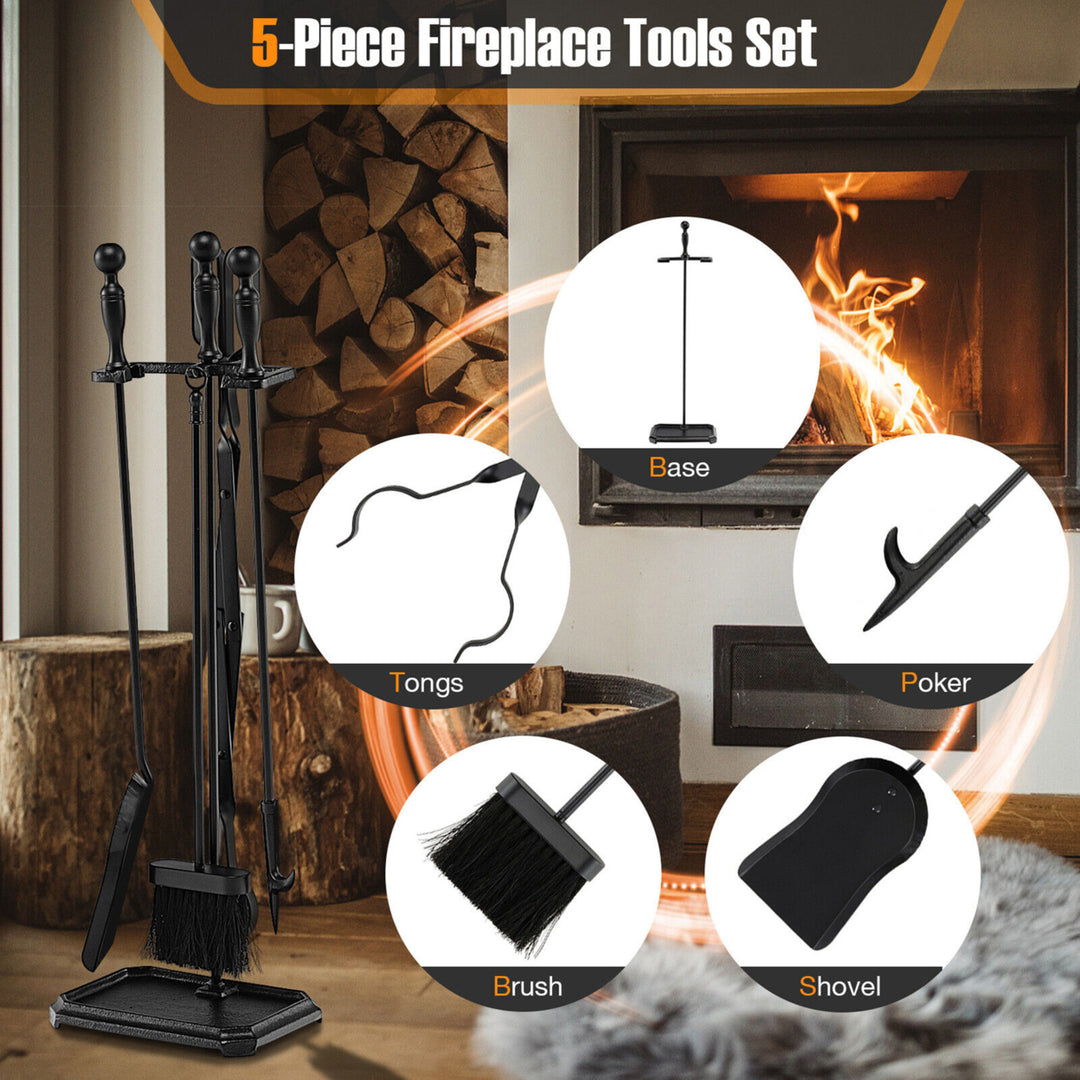 5 Piece Fireplace Tool Set Wrought Iron Indoor Fireplace Set and Holder Black Image 6