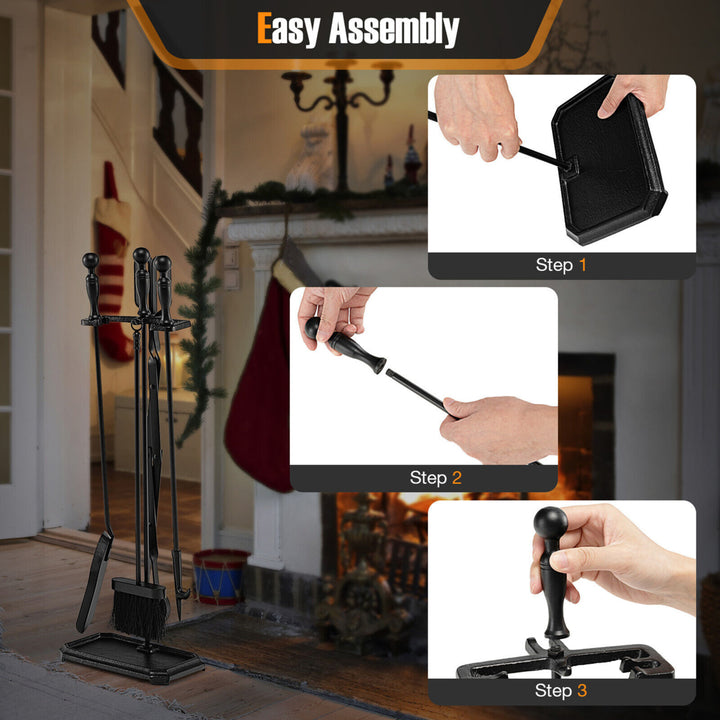 5 Piece Fireplace Tool Set Wrought Iron Indoor Fireplace Set and Holder Black Image 7