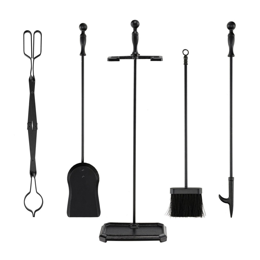 5 Piece Fireplace Tool Set Wrought Iron Indoor Fireplace Set and Holder Black Image 8