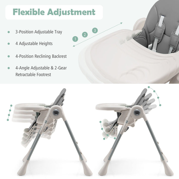 Baby High Chair Folding Baby Dining Chair w/ Adjustable Height and Footrest Gray Image 7