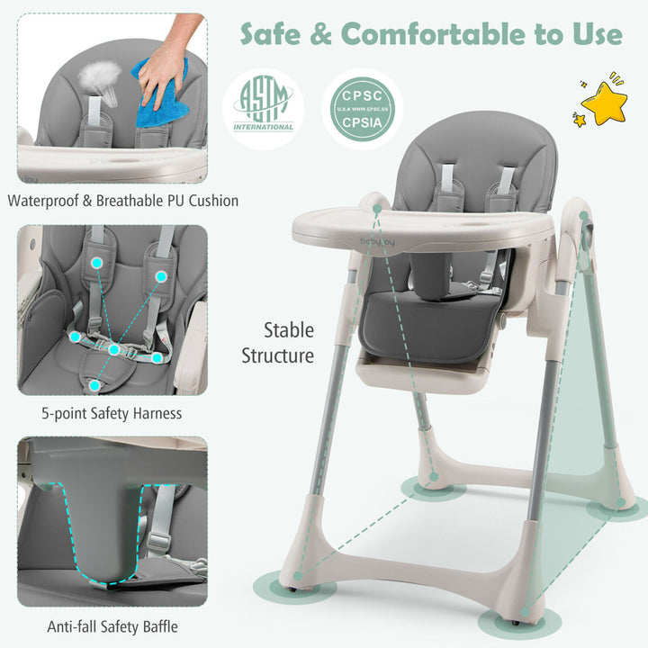 Baby High Chair Folding Baby Dining Chair w/ Adjustable Height and Footrest Gray Image 9