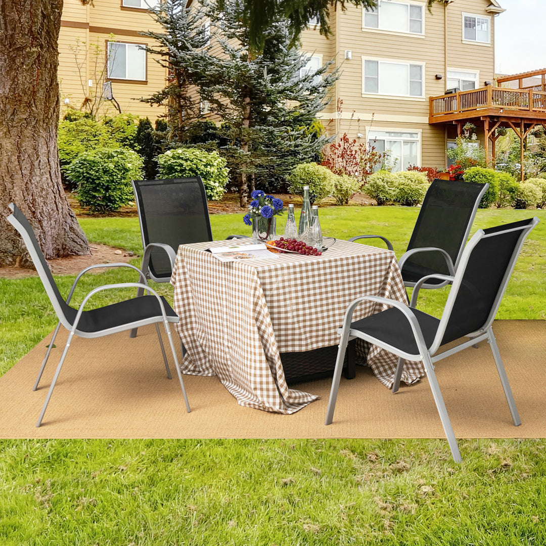 4PCS Patio Stacking Dining Chairs w/ Curved Armrests and Breathable Seat Fabric Image 9