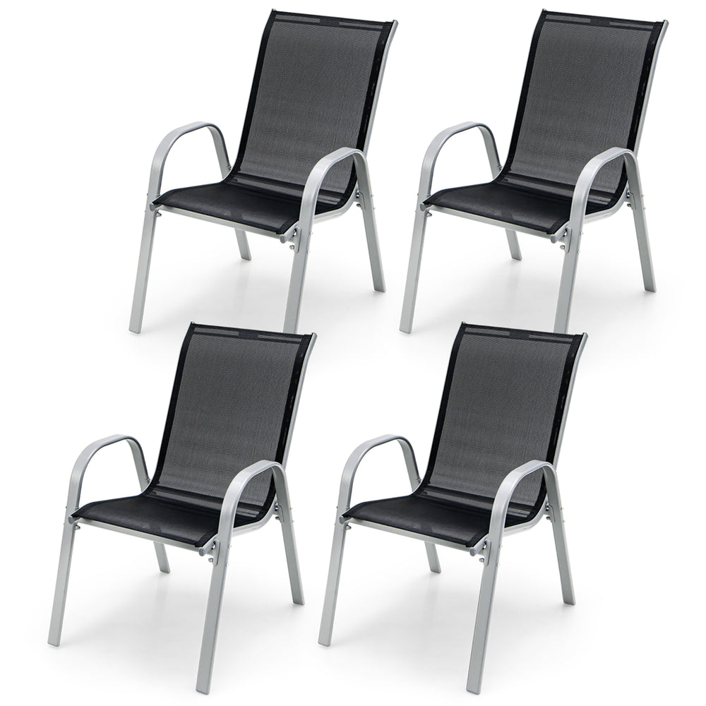 4PCS Patio Stacking Dining Chairs w/ Curved Armrests and Breathable Seat Fabric Image 2