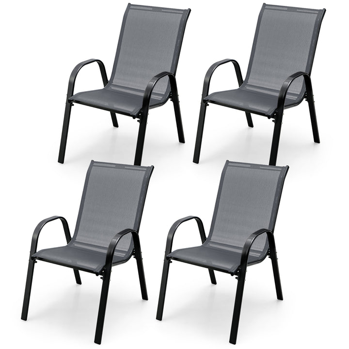 4PCS Patio Stacking Dining Chairs w/ Curved Armrests and Breathable Seat Fabric Grey Image 1