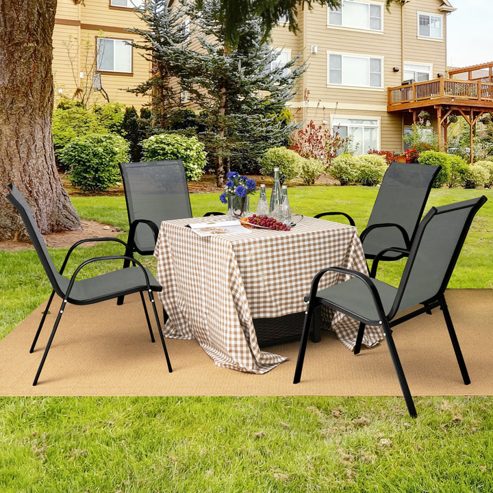 4PCS Patio Stacking Dining Chairs w/ Curved Armrests and Breathable Seat Fabric Grey Image 3