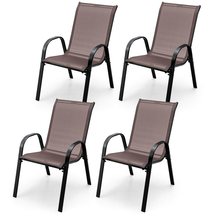 4PCS Patio Stacking Dining Chairs w/ Curved Armrests and Breathable Seat Fabric Brown Image 1