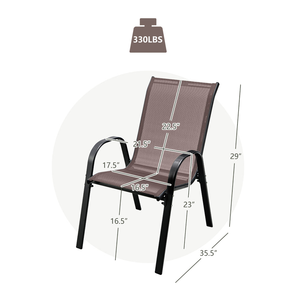 4PCS Patio Stacking Dining Chairs w/ Curved Armrests and Breathable Seat Fabric Brown Image 2