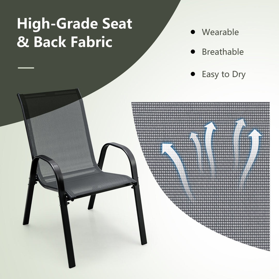 4PCS Patio Stacking Dining Chairs w/ Curved Armrests and Breathable Seat Fabric Grey Image 5