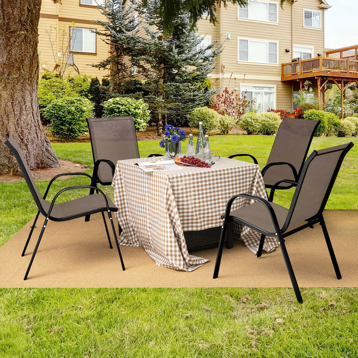 4PCS Patio Stacking Dining Chairs w/ Curved Armrests and Breathable Seat Fabric Brown Image 3