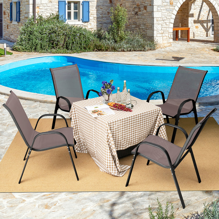 4PCS Patio Stacking Dining Chairs w/ Curved Armrests and Breathable Seat Fabric Brown Image 4