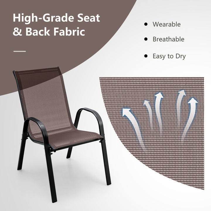 4PCS Patio Stacking Dining Chairs w/ Curved Armrests and Breathable Seat Fabric Brown Image 5