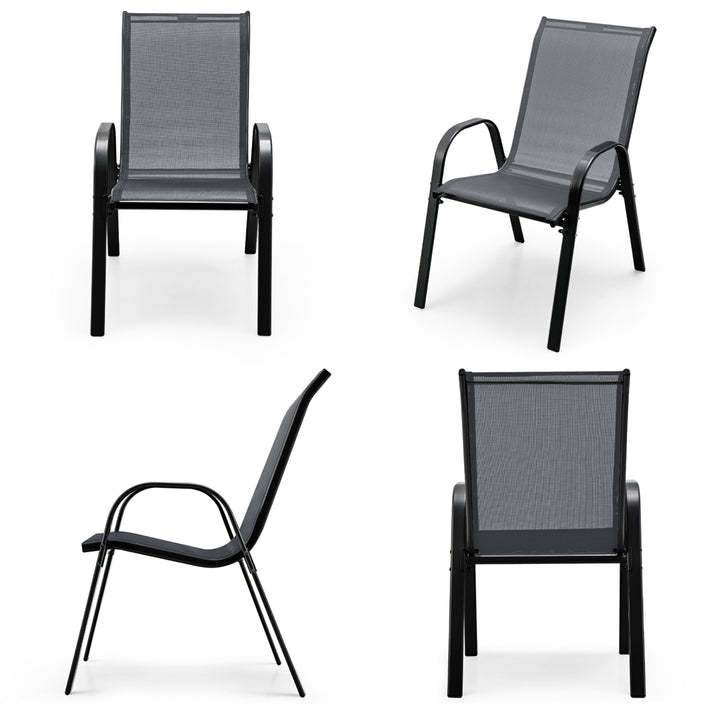 4PCS Patio Stacking Dining Chairs w/ Curved Armrests and Breathable Seat Fabric Grey Image 10