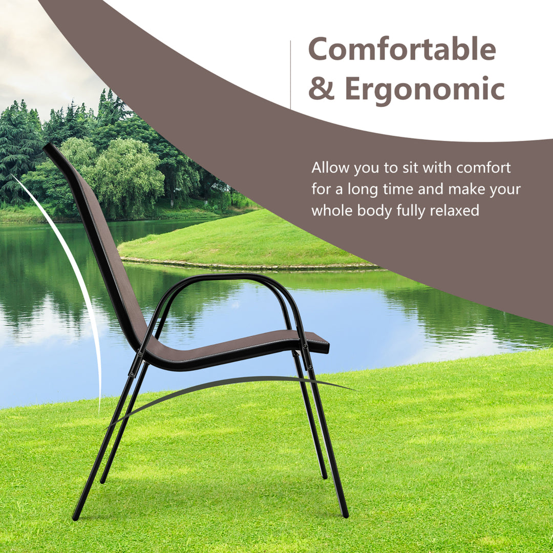 4PCS Patio Stacking Dining Chairs w/ Curved Armrests and Breathable Seat Fabric Brown Image 7