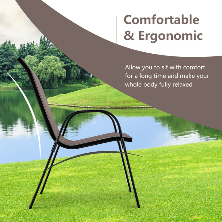 4PCS Patio Stacking Dining Chairs w/ Curved Armrests and Breathable Seat Fabric Brown Image 7