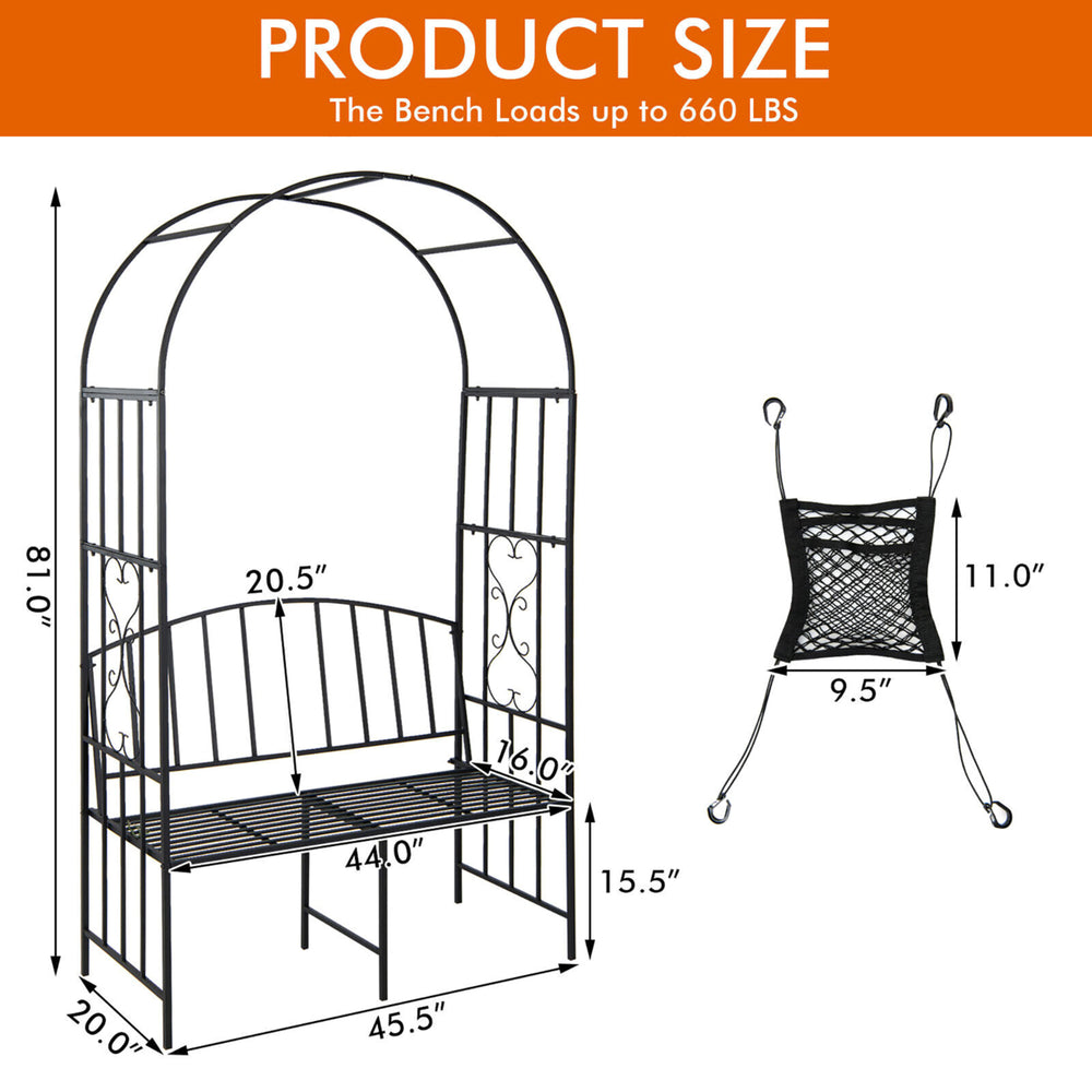 Steel Garden Arch w/ 2-Seat Bench 67H x 38W Outdoor Arbor for Climbing Plants Image 2