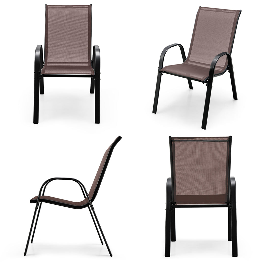 4PCS Patio Stacking Dining Chairs w/ Curved Armrests and Breathable Seat Fabric Brown Image 10