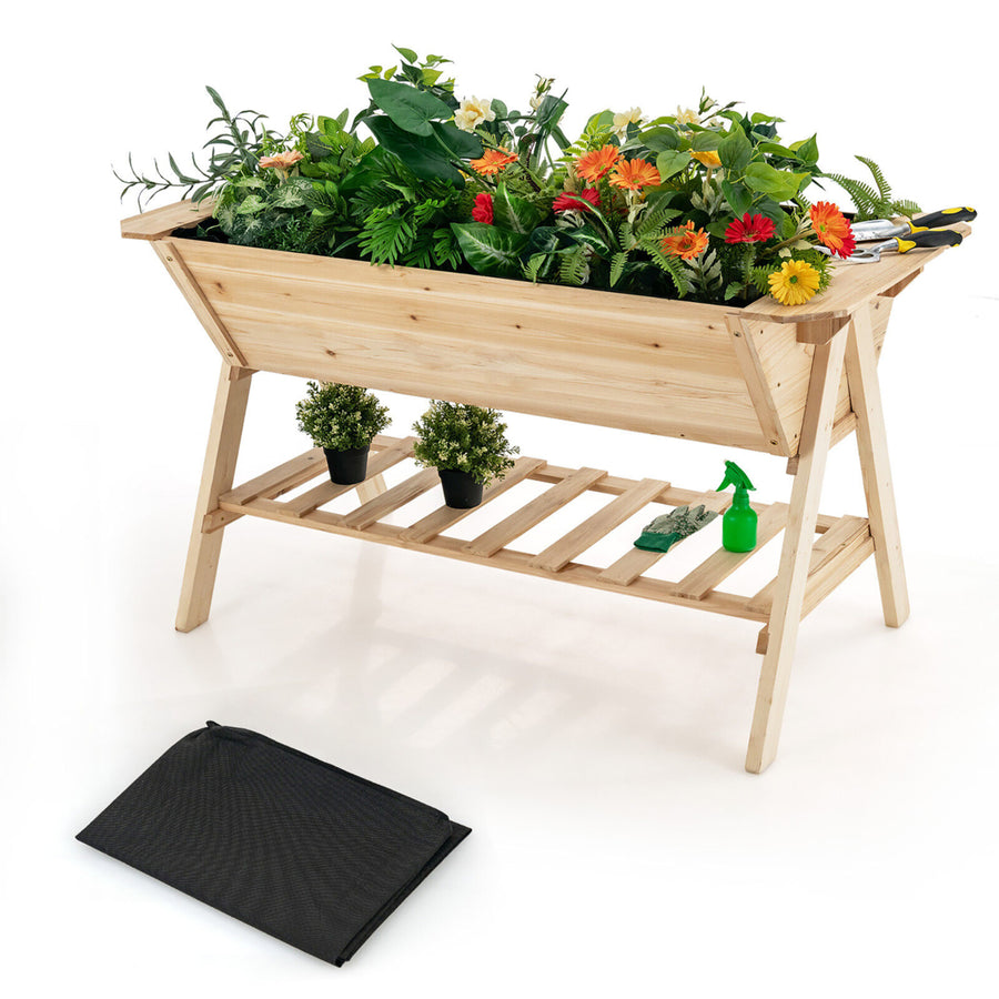 59 x 31 x 32.5 Raised Garden Bed w/ Shelf Wood Elevated Planter Box w/ Liner Image 1