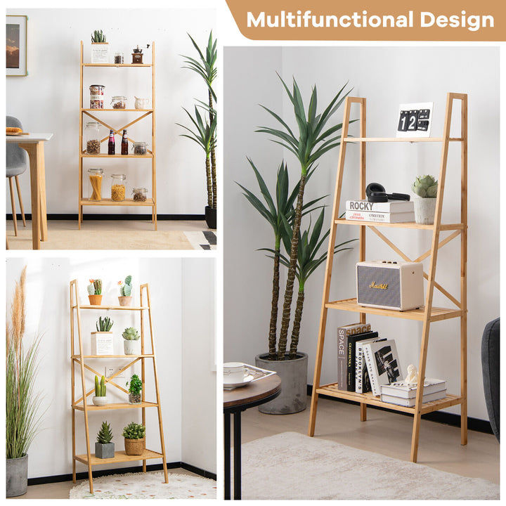 4-Tier Bamboo Ladder Bookshelf 58 Display Shelf Storage Rack Plant Flower Stand Image 6