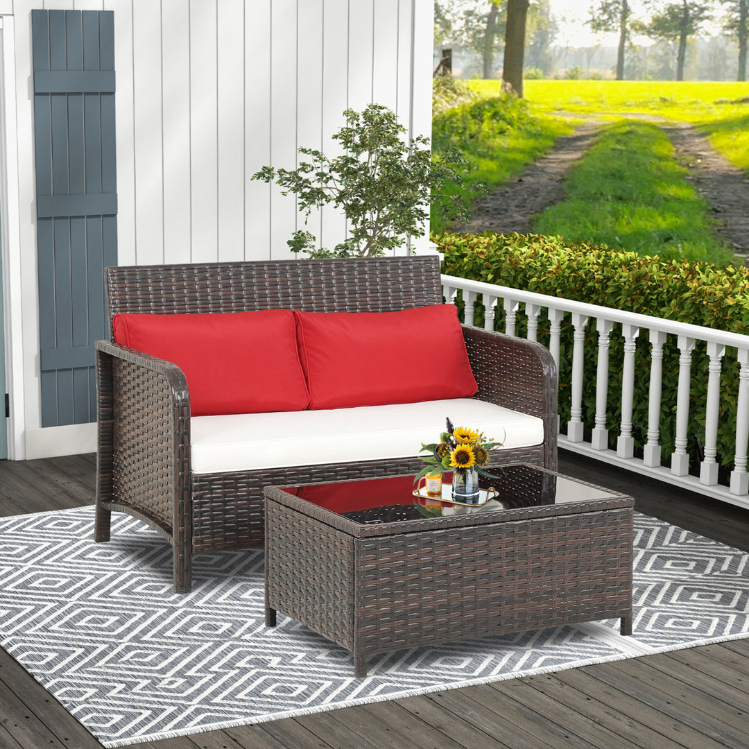 2PCS Patio PE Wicker Rattan Loveseat Sofa Set w/ Coffee Table and Cushions Image 1