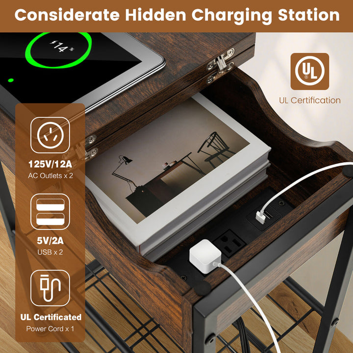 Side End Sofa Table Nightstand with Charging Station Flip-Up Top for Living Room Image 7