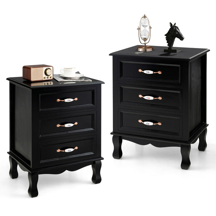 2PCS 3 Drawers Nightstand Wood Sofa End Side Accent Furniture Table Black Image 1