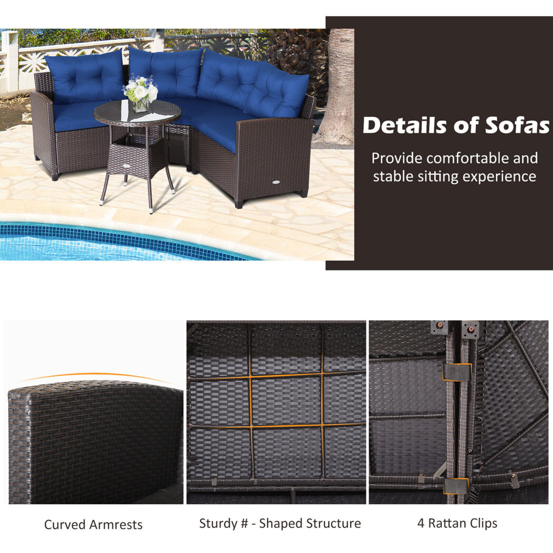 4PCS Wicker Patio Sofa Set Rattan Outdoor Furniture Set w/ Navy Cushions Image 3