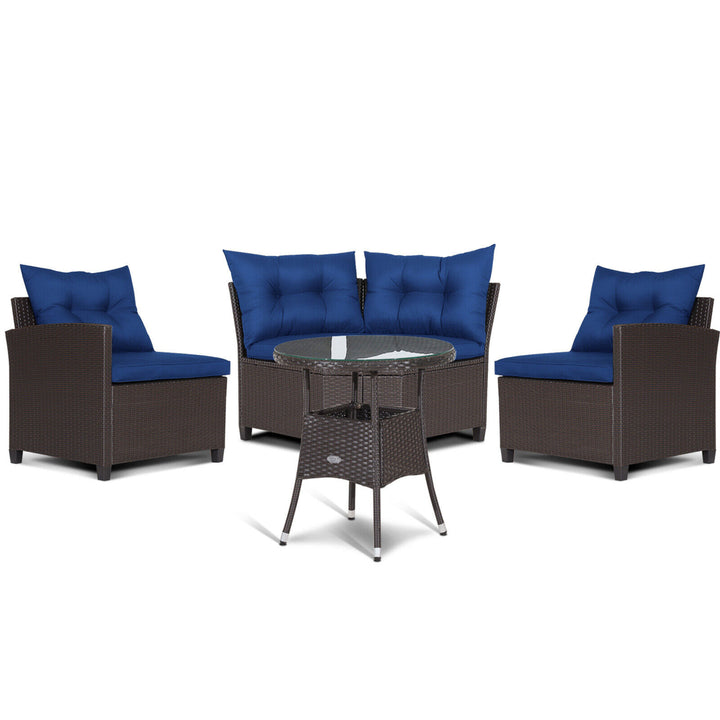 4PCS Wicker Patio Sofa Set Rattan Outdoor Furniture Set w/ Navy Cushions Image 6