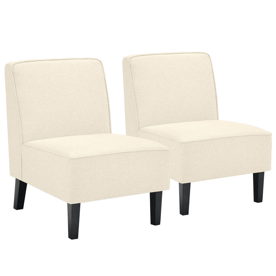 Set of 2 Armless Accent Chair Fabric Single Sofa w/ Rubber Wood Legs Beige Image 1