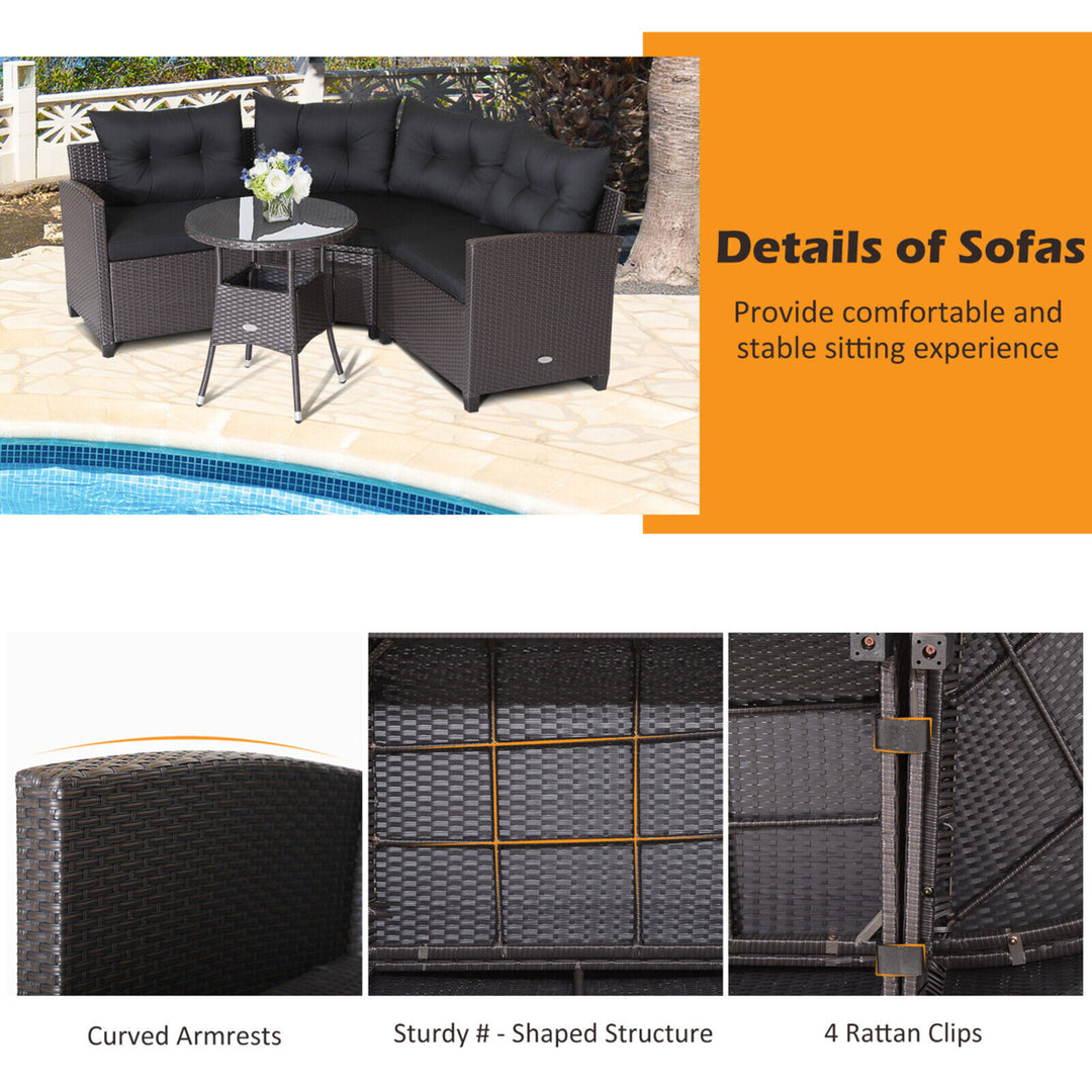 4PCS Wicker Patio Sofa Set Rattan Outdoor Furniture Set w/ Black Cushions Image 3