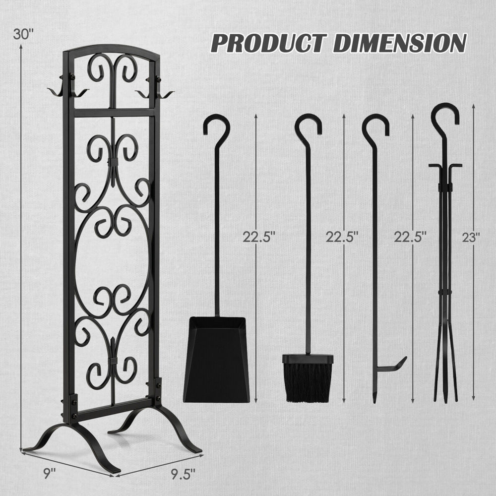 5 Piece Fireplace Tools Wrought Iron Firewood Toolset with Decor Holder Black Image 2