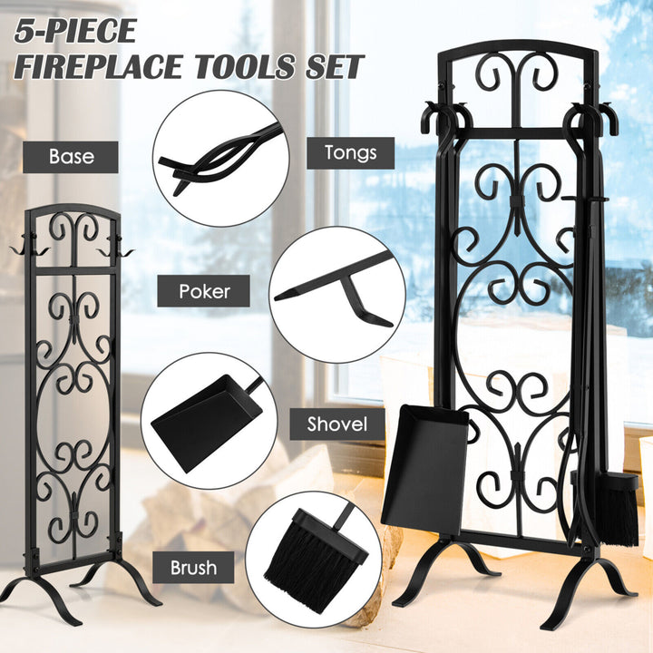 5 Piece Fireplace Tools Wrought Iron Firewood Toolset with Decor Holder Black Image 6