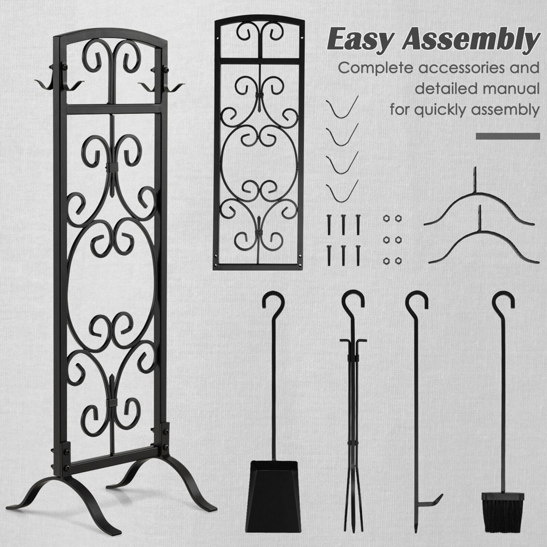 5 Piece Fireplace Tools Wrought Iron Firewood Toolset with Decor Holder Black Image 7