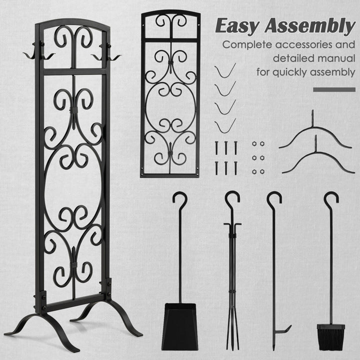 5 Piece Fireplace Tools Wrought Iron Firewood Toolset with Decor Holder Black Image 7