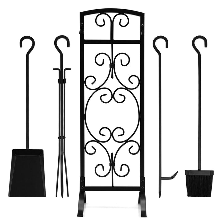 5 Piece Fireplace Tools Wrought Iron Firewood Toolset with Decor Holder Black Image 10