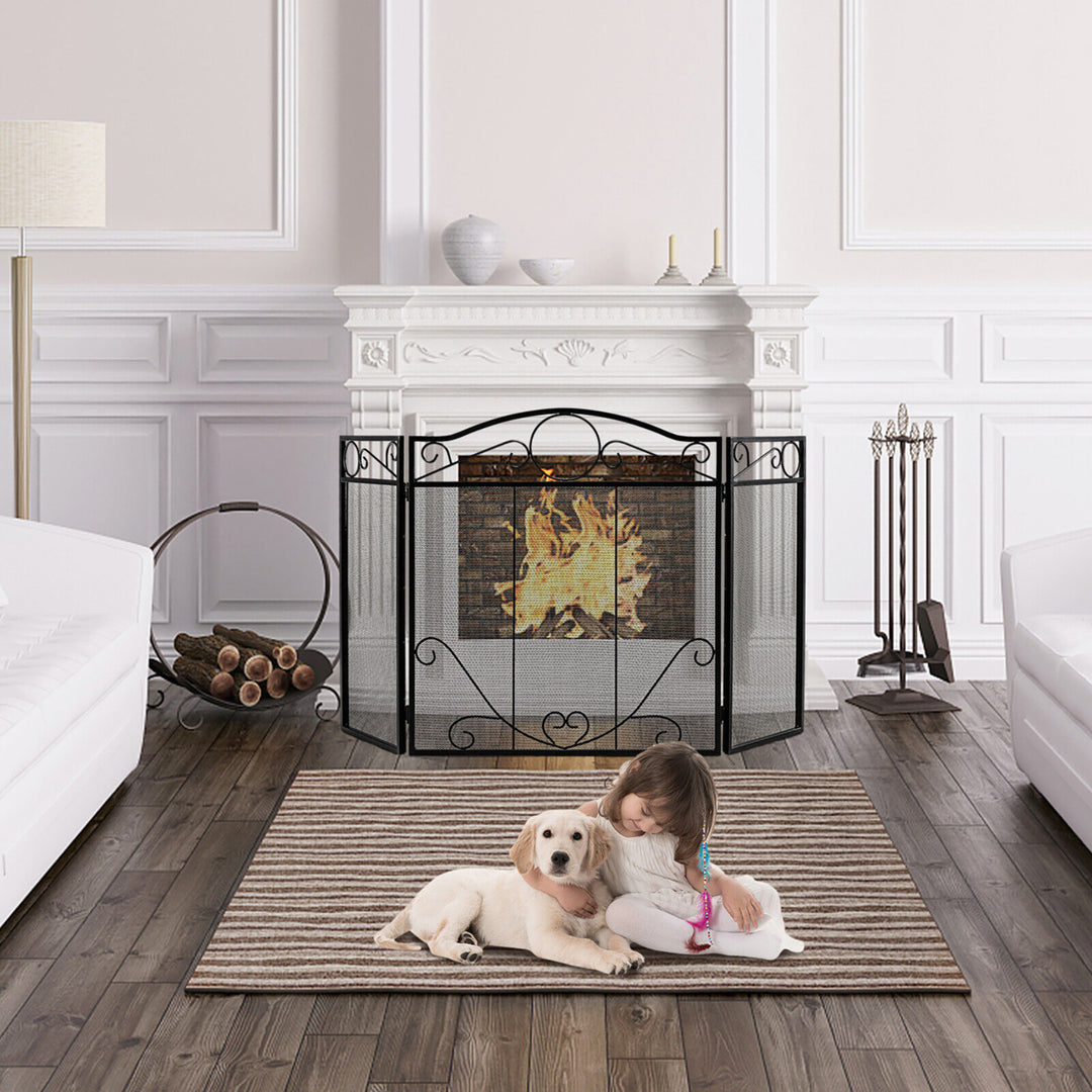 3-Panel Fireplace Screen Decor Cover Pets Baby Child Safty Folded Fire Doors Image 3