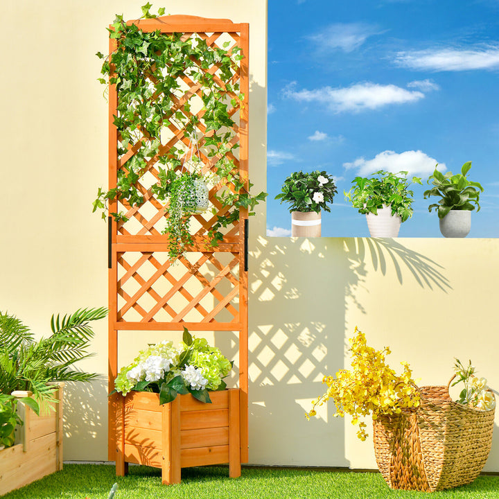 Raised Garden Bed Wooden Planter w/ Trellis for Vine Climbing Plant Flower Image 3